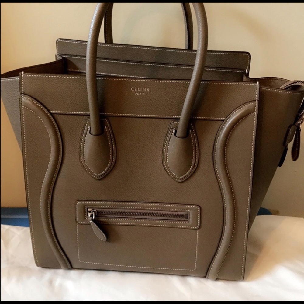 Authentic Celine luggage handbag in army green.